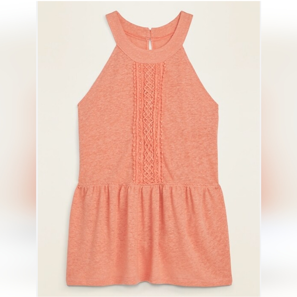 NWT Old Navy Linen-Blend Jersey Lace-Trim Sleeveless Top. Orange with peplum sty